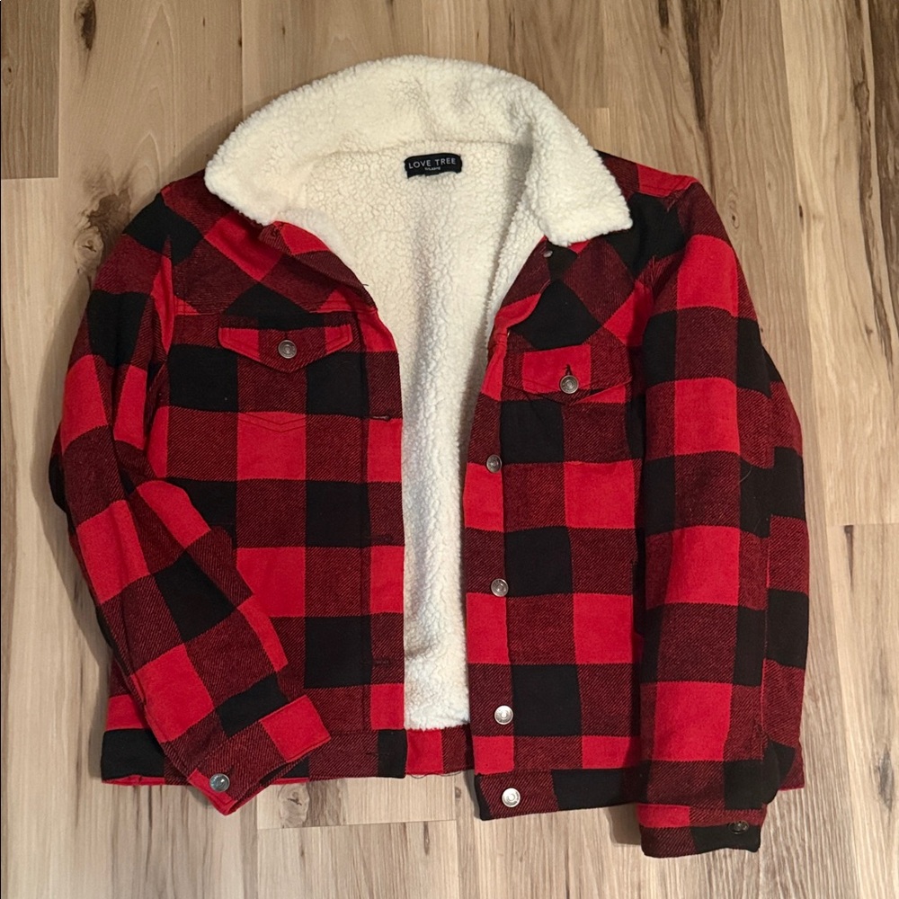 Love Tree Women’s Red and Black Plaid Jean Jacket